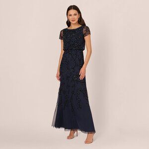 Adrianna Papell Jasmine Beaded Blouson Gown With Sheer Short Sleeves In Navy Bla